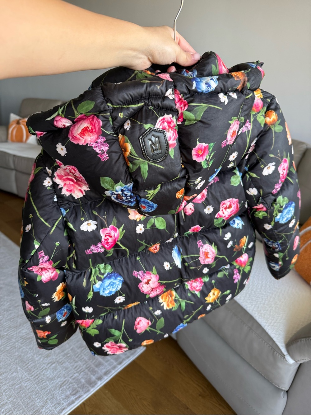 Mackage Kids Floral Quilted Puffer Jacket with Hood - Black